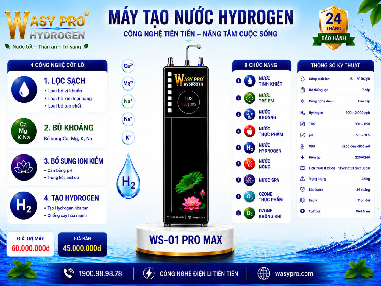 Máy tạo nước Hydrogen giàu ion kiềm sạch Model WS-01 PRO MAX
