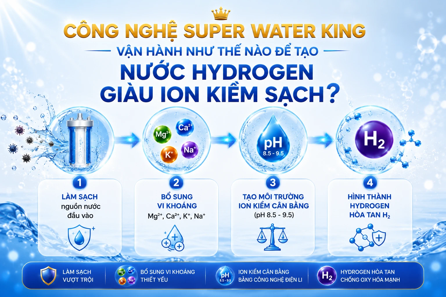 Công nghệ Super Water King vận hành như thế nào để tạo nước Hydrogen giàu ion kiềm sạch