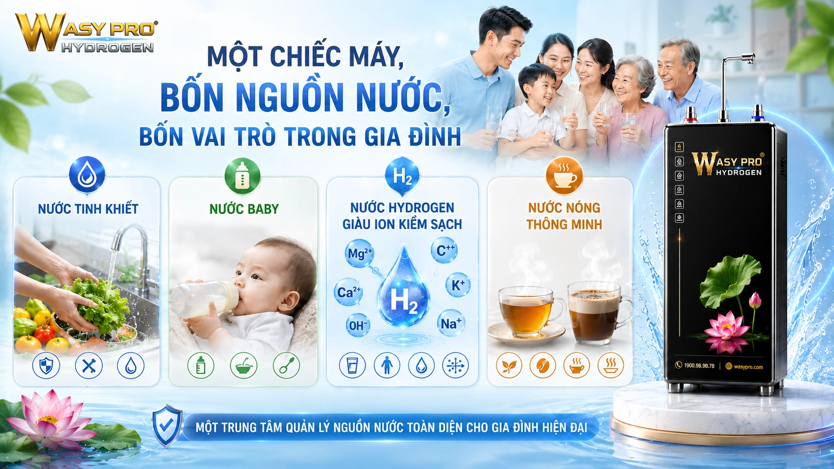 Máy tạo nước Hydrogen giàu ion kiềm sạch - Một Chiếc Máy, Bốn Nguồn Nước, Bốn Vai Trò Trong Gia Đình