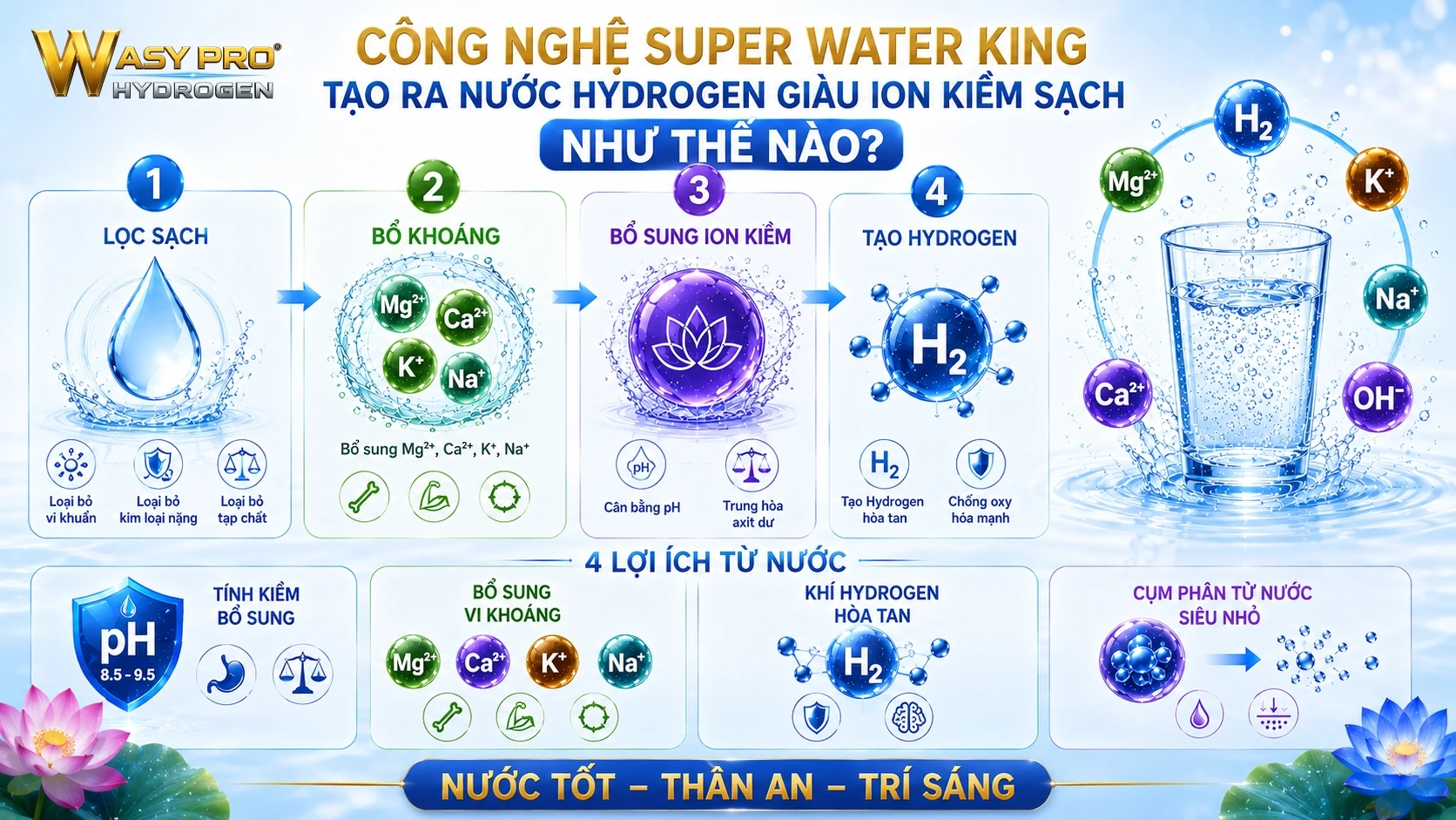 Nước Hydrogen Giàu Ion Kiềm Sạch - Công Nghệ Super Water King Tạo Ra Nước Hydrogen Giàu Ion Kiềm Sạch Như Thế Nào