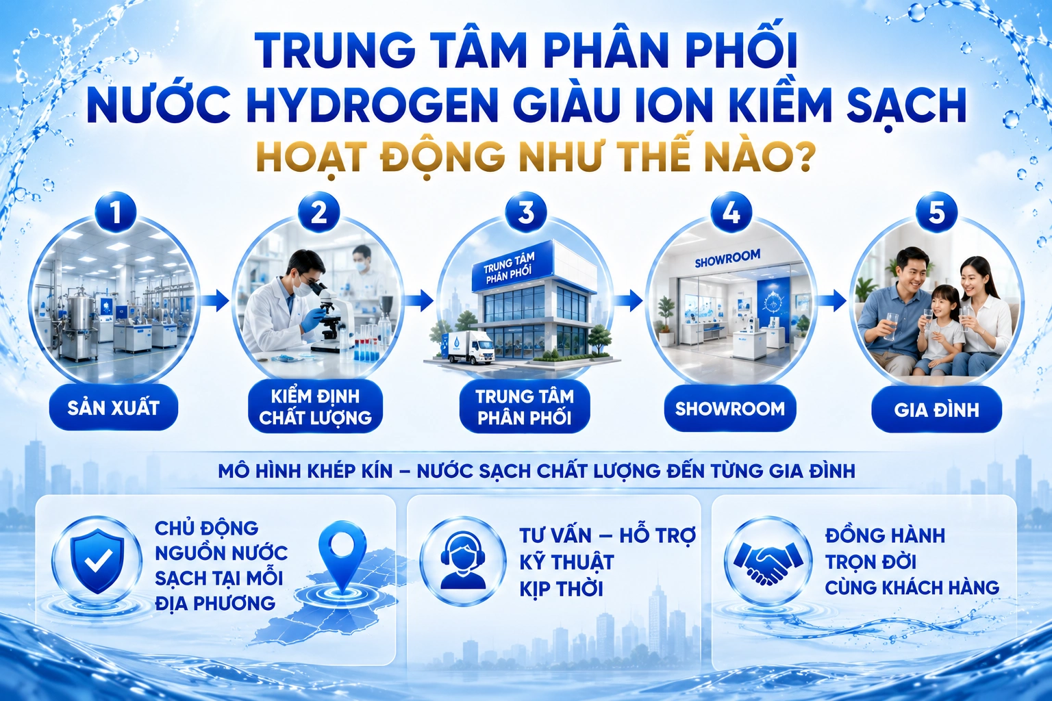 Trung tâm phân phối nước Hydrogen giàu ion kiềm sạch hoạt động như thế nào