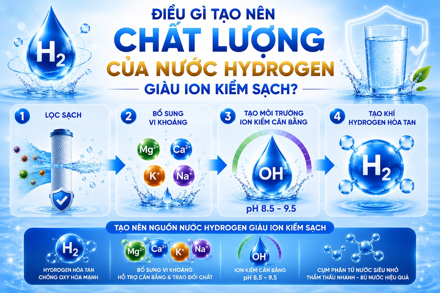 Điều gì tạo nên chất lượng của nước Hydrogen giàu ion kiềm sạch